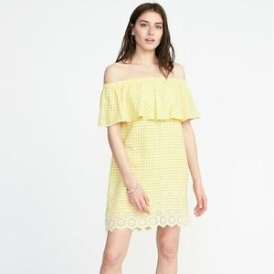 Old Navy Dress Womens Size XS Yellow White Gingham Plaid Off The Shoulder Eyelet
